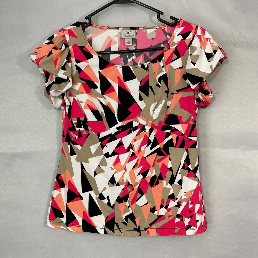 Worthington Top M Babydoll Empire Print Stretch Blouse Puff Pullover SS Colorful